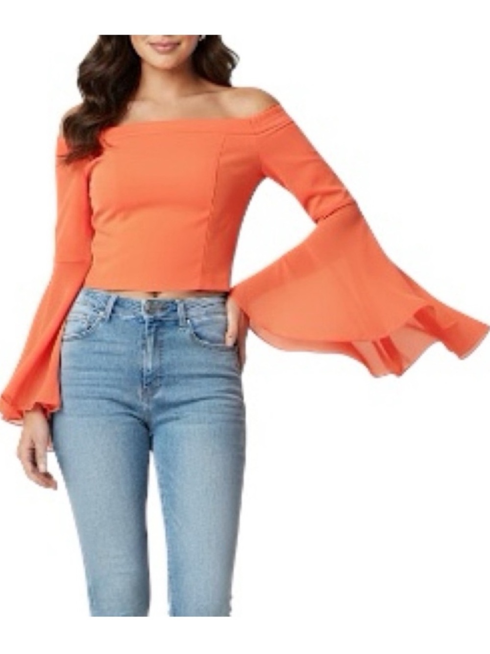 Y2K Bebe Orange Off the Shoulder Sheer Ruffle Drape Flowy Sleeve Crop Top XS